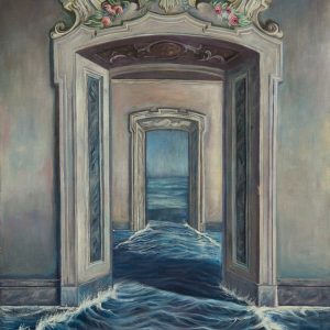 This sequence of two doors has water running at the base. The water guides the view toward an open space, giving the impression of an expansive ocean.