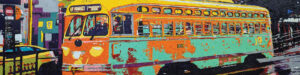 A stylized painting of a vintage streetcar with a yellow, orange, and teal color scheme, marked "F Market," in a bold, textured style.