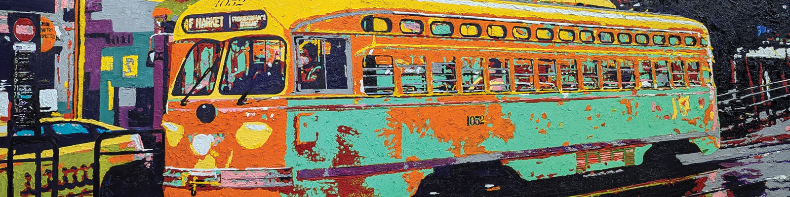 A stylized painting of a vintage streetcar with a yellow, orange, and teal color scheme, marked "F Market," in a bold, textured style.