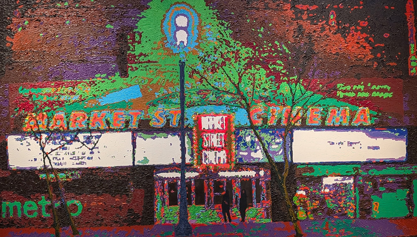 A vibrant painting by Richard Perri of the Market St. Cinema building. The sky above the cinema and the building itself is captured in moody red, maroon, and purple. The sign stating "Market St. Cinema" is a bright red, and the displays showing movie times are depicted in white. In the foreground, a single streetlamp casts a large, neon green glow across the building, separating it from the sky.