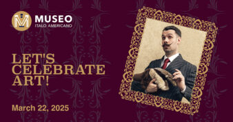 The Museo logo and gold text reading "Let's Celebrate Art! March 22, 2025" sit on a plum background with a repeated purple filigree pattern. A tilted image digitally framed with a gold pattern is to the right of the text at an angle. The image depicts a man with short dark hair, pointy handlebar mustache, red tie, and grey striped suit. He is in 3/4 profile, with his eyebrows lifted and his gaze pointed to the far right. He pets the stuffed toy anteater that he holds.