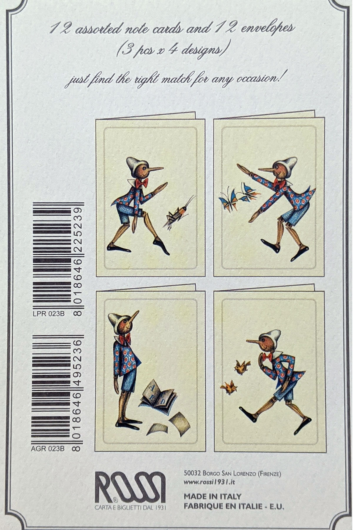 A set of cards featuring four different illustrations of Pinocchio on the front.